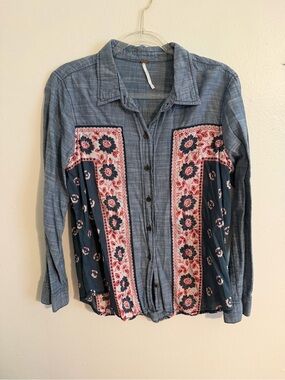 Free People Bandana Bandit Chambray Button Down Boho Western Shirt (Sz Med)